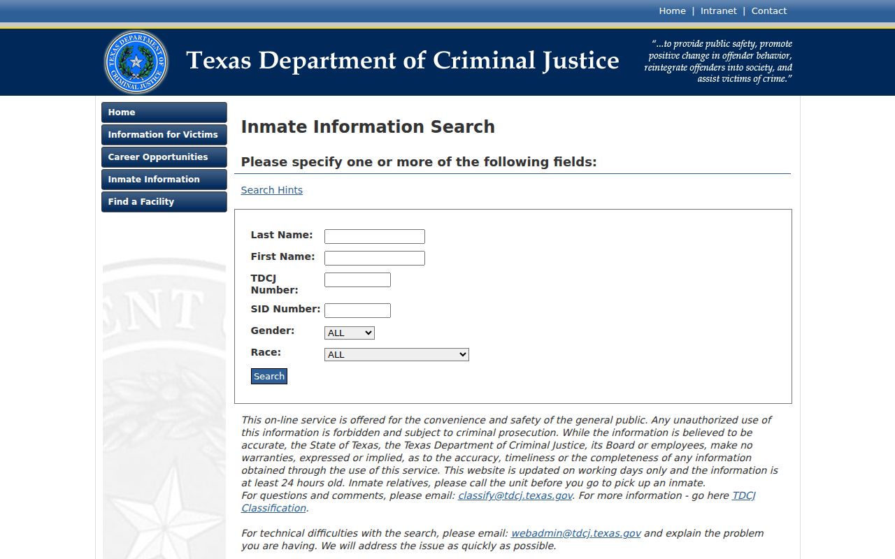 Johnson County criminal custody search through TDCJ Online Inmate Search