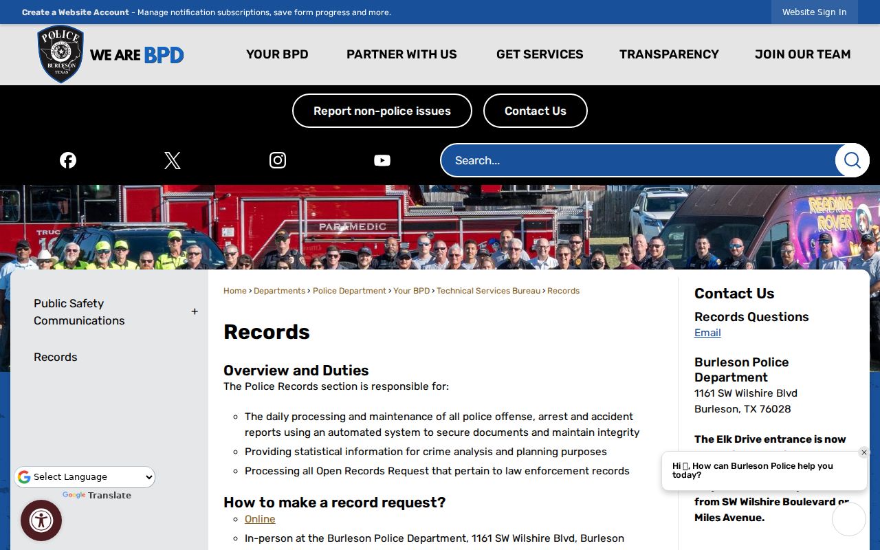 Johnson County criminal record access at Burleson Police Records
